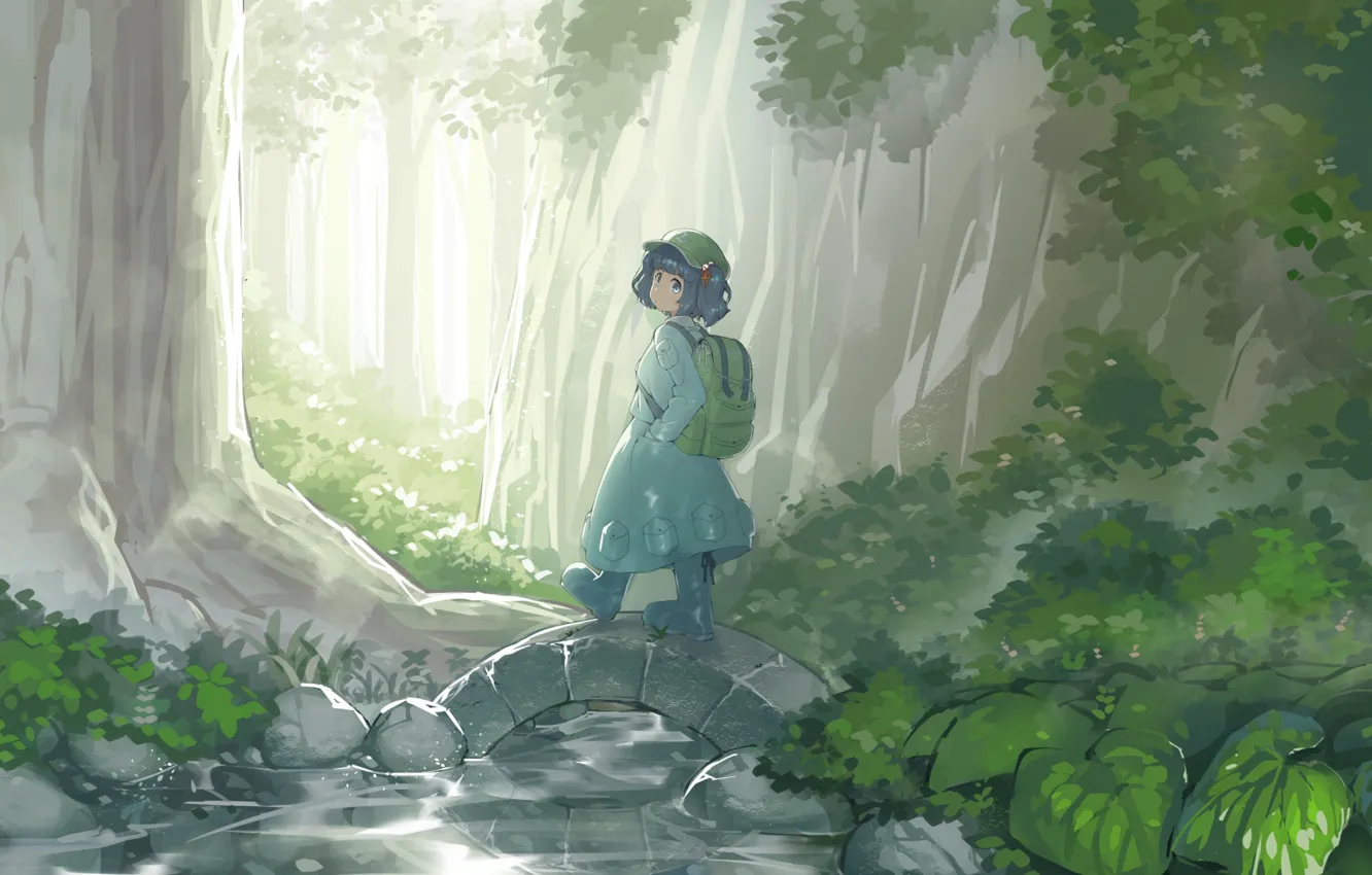 Фото обои лес, девушка, речка, мостик, Touhou Project, Kawashiro Nitori