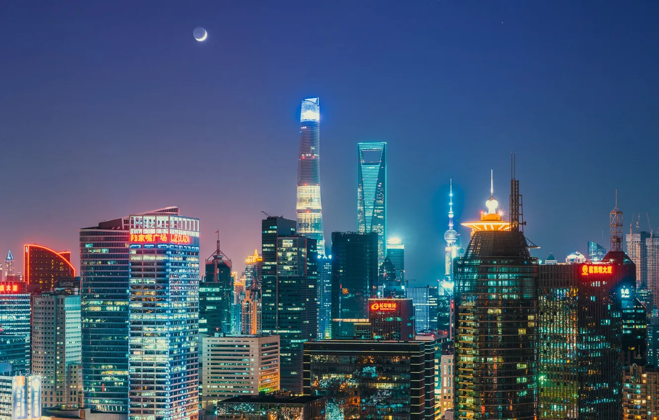 Фото обои небо, ночь, огни, города, луна, горизонт, Китай, Шанхай