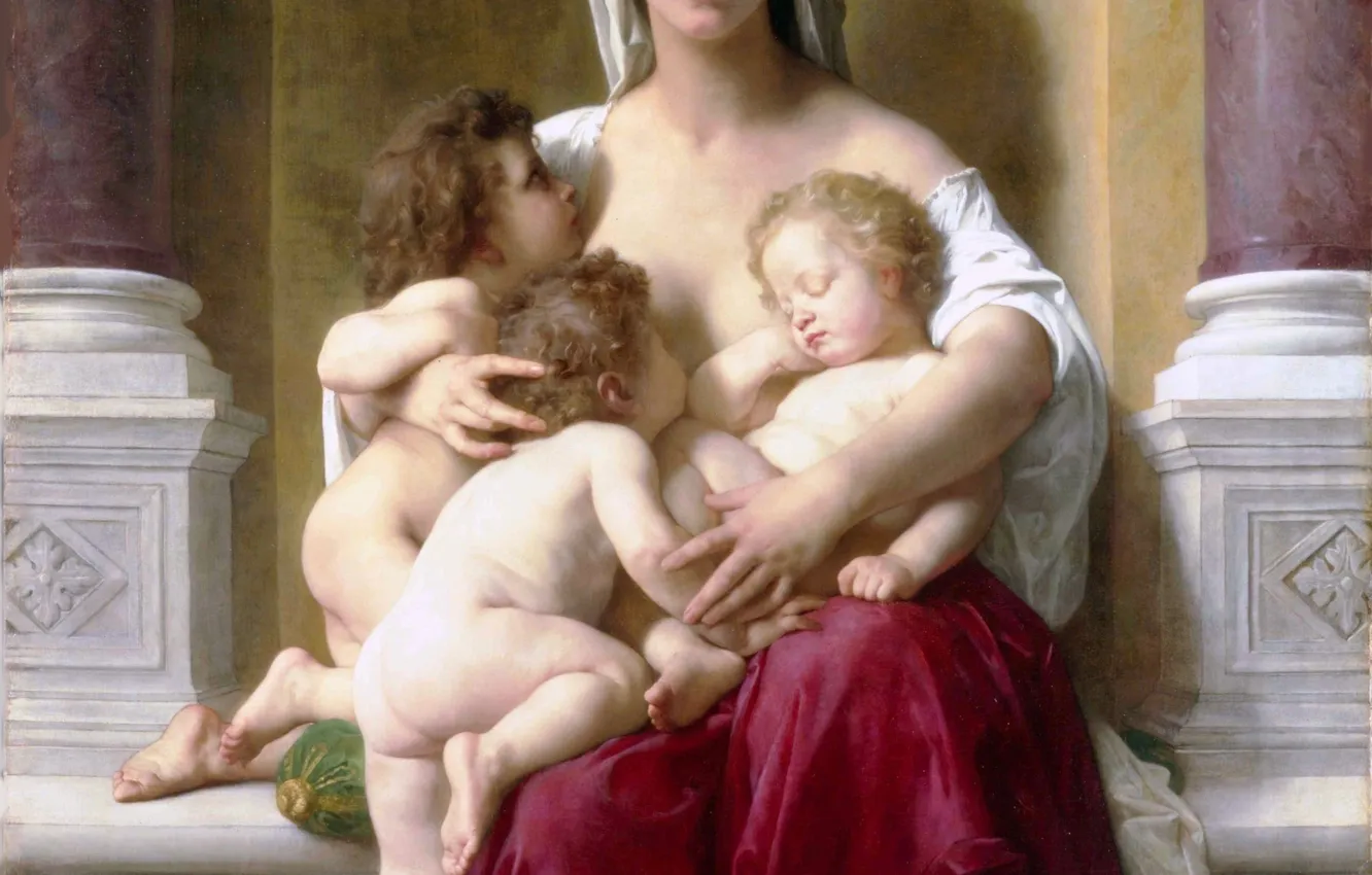Фото обои Девушка, Любовь, Дети, Картина, Милосердие, William-Adolphe Bouguereau, Французский академический художник, Уильям-Адольф Бугро