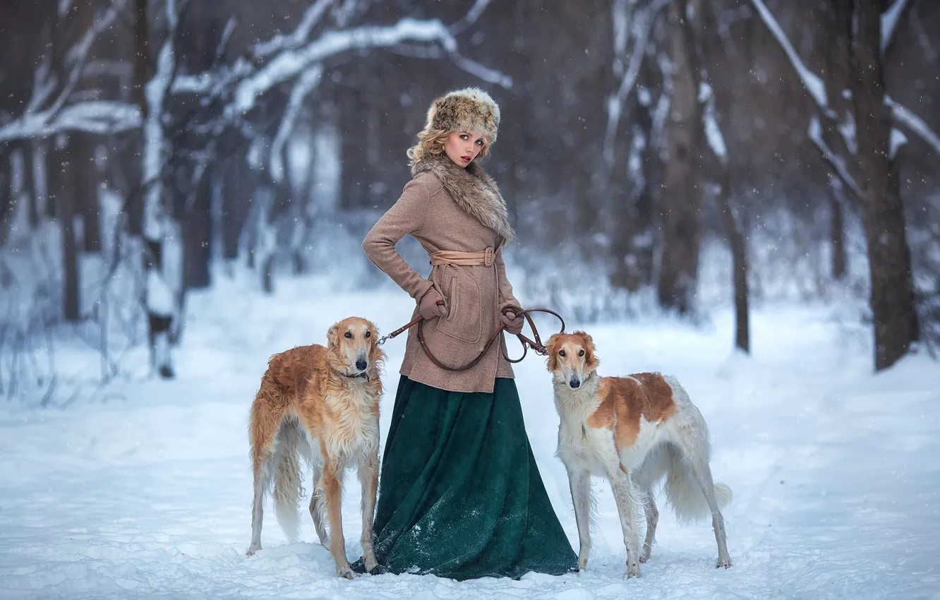 Фото обои зима, собаки, девушка, снег, поза, Настя, Анастасия Бармина
