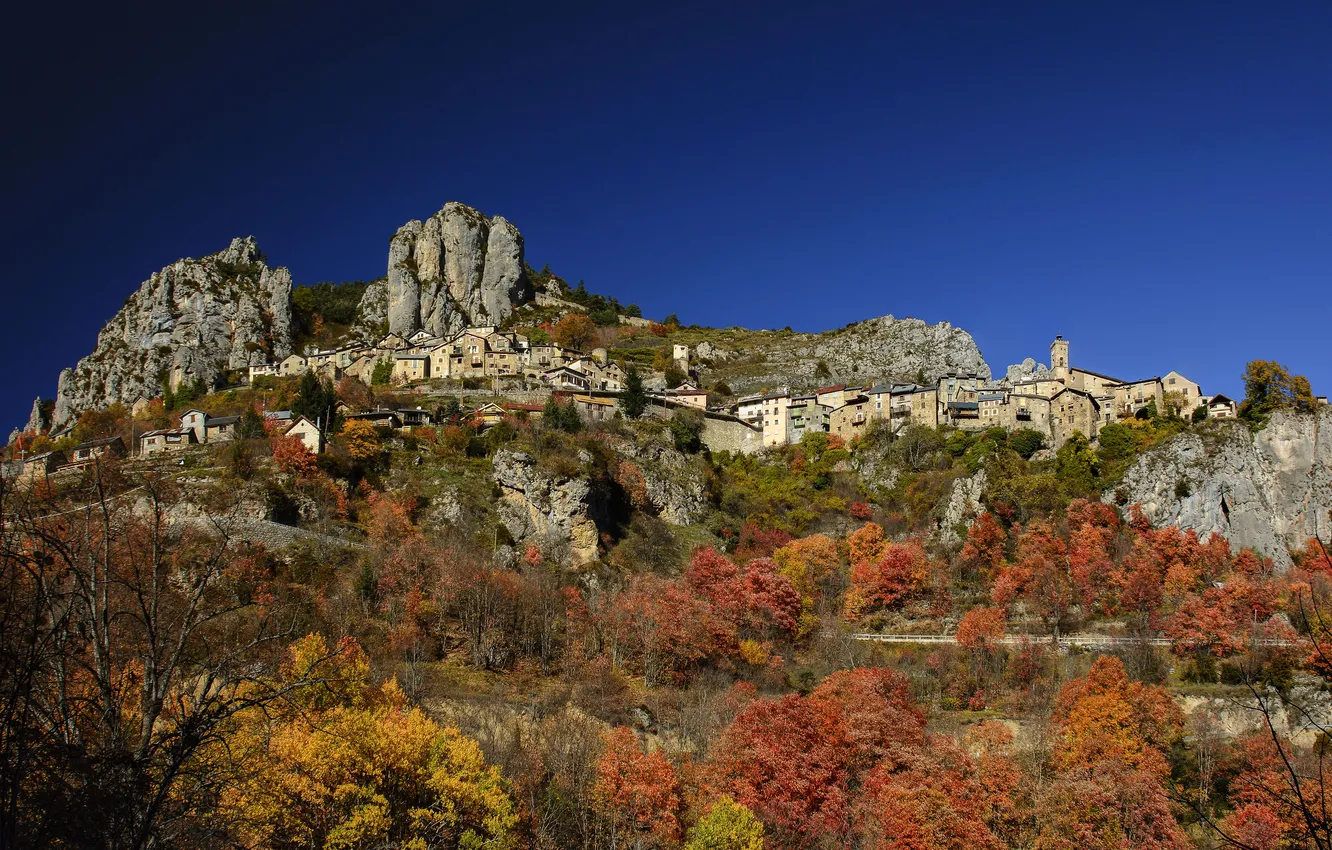 Фото обои осень, горы, скалы, Франция, дома, Roubion