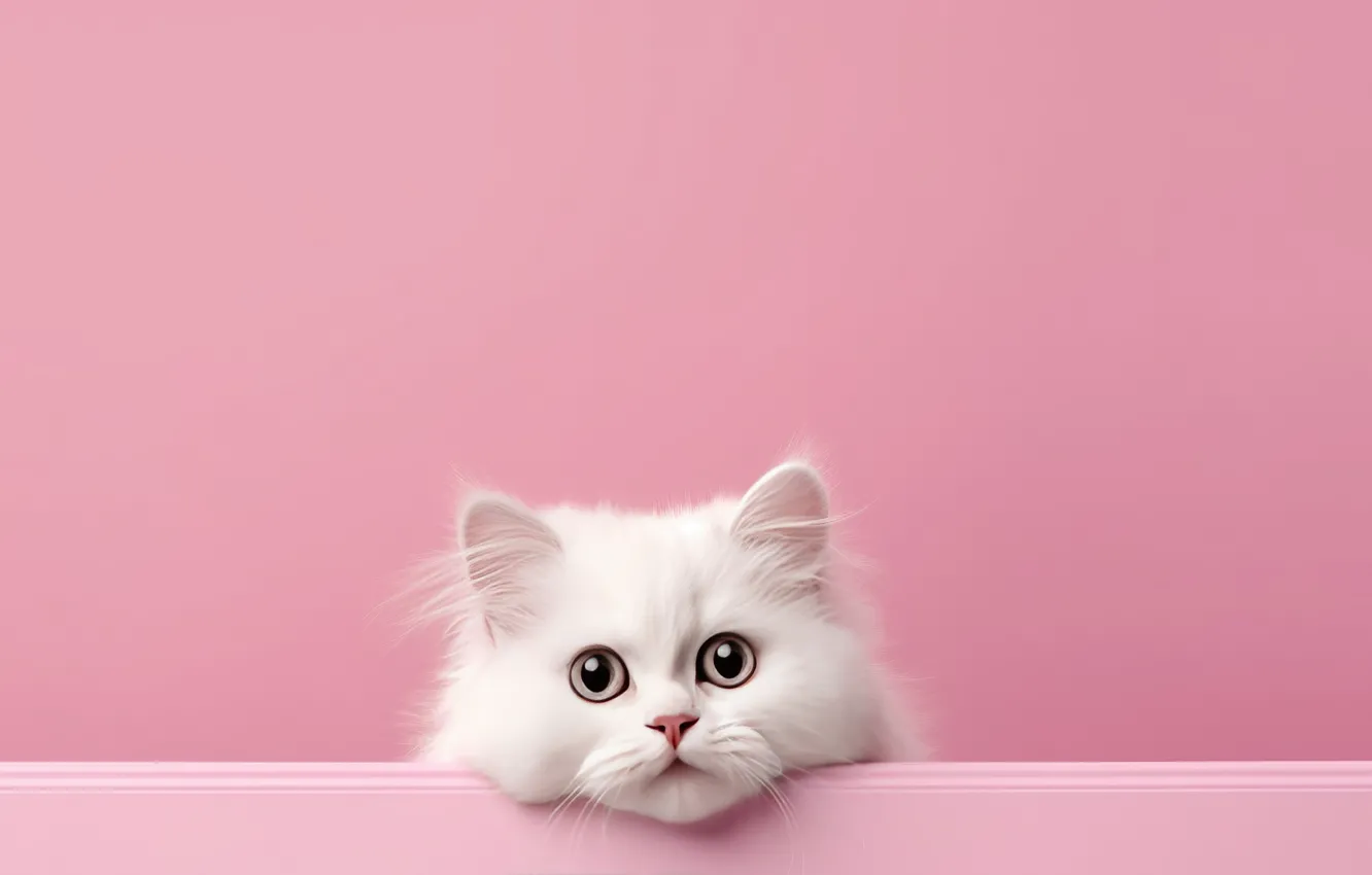 Фото обои кошка, белый, взгляд, поза, котенок, малыш, мордашка, розовый фон