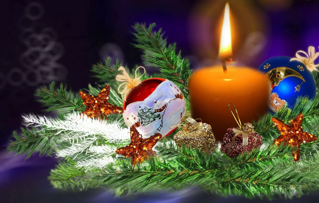 Фото обои украшения, огонь, шары, елка, свеча, Рождество, Новый год, ёлка