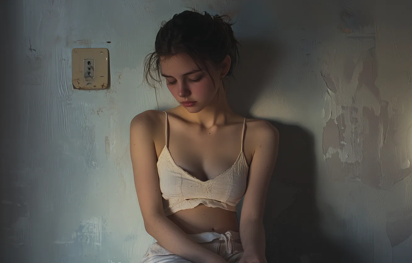 Фото обои wall, shorts, camisole, sadness, women, brunette, skin, arms