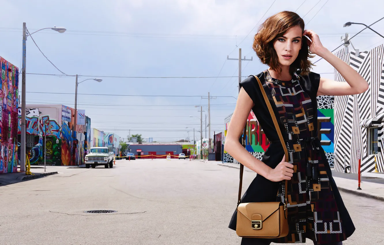 Фото обои взгляд, девушка, поза, улица, платье, сумка, Alexa Chung