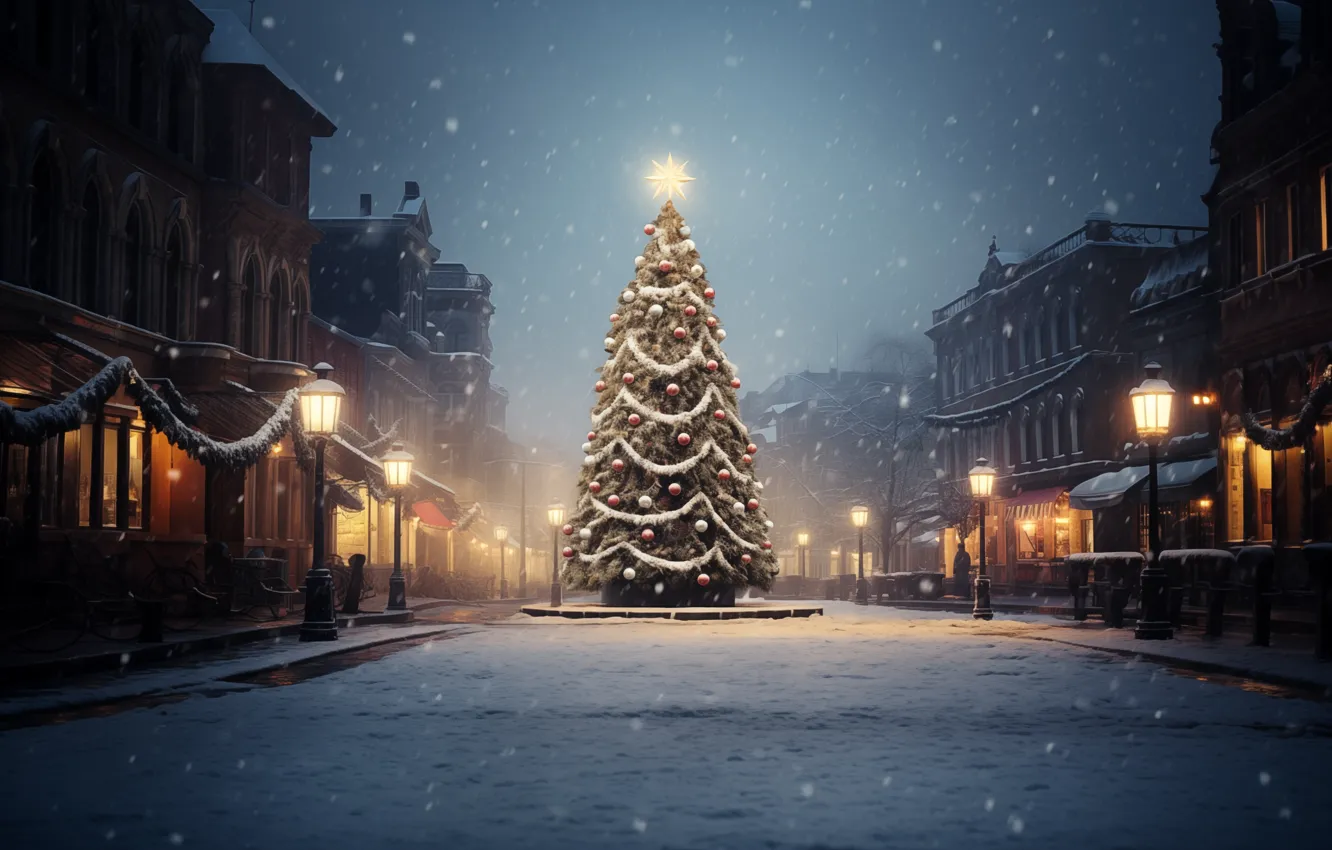Фото обои Christmas, trees, art, winter, snow, town