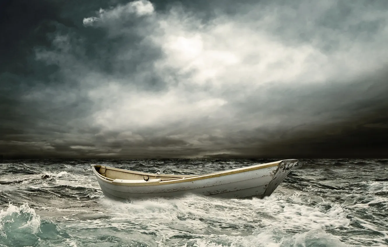 Фото обои море, волны, облака, лодка, непогода