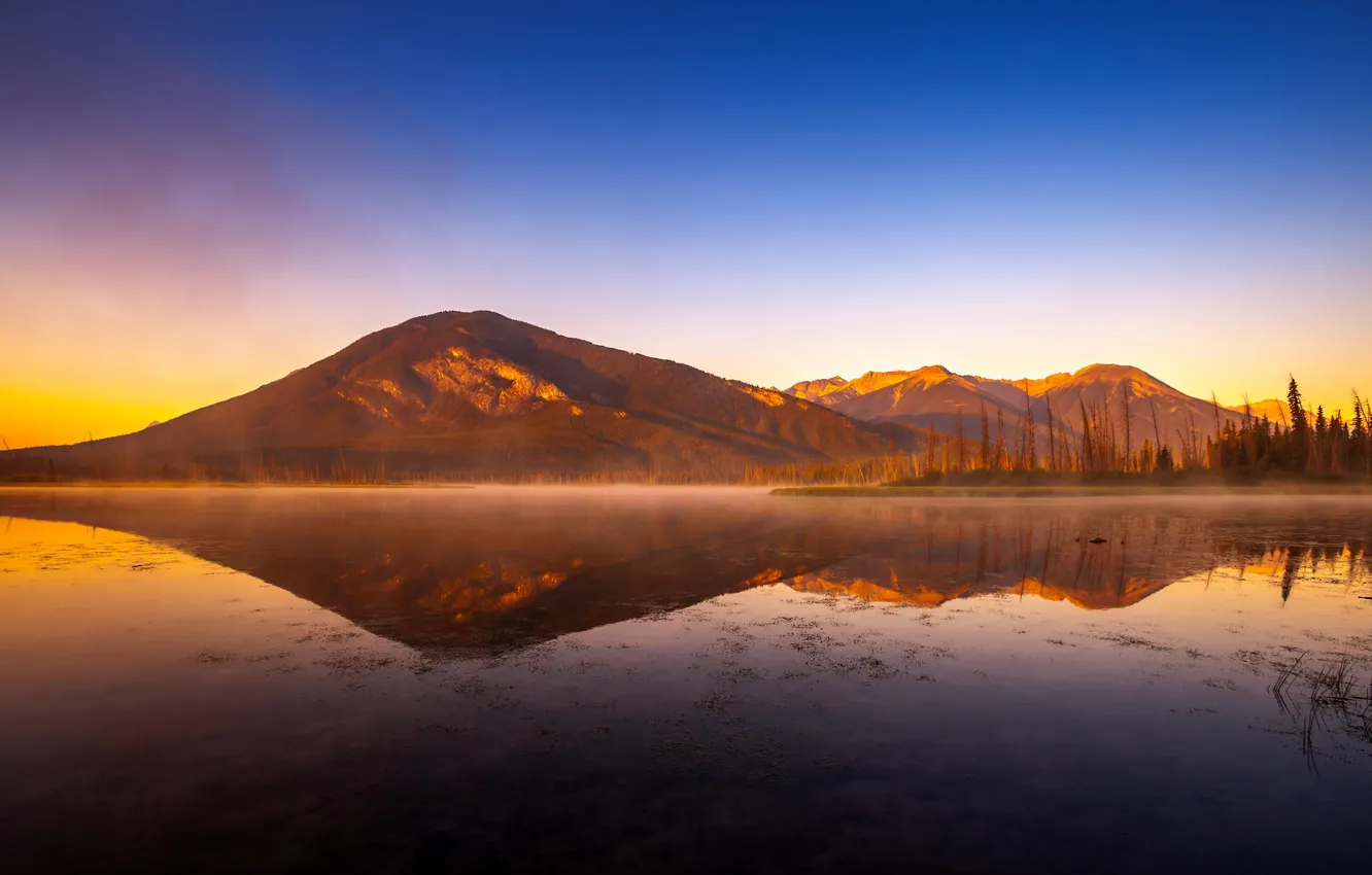 Фото обои горы, природа, озеро, отражение, рассвет