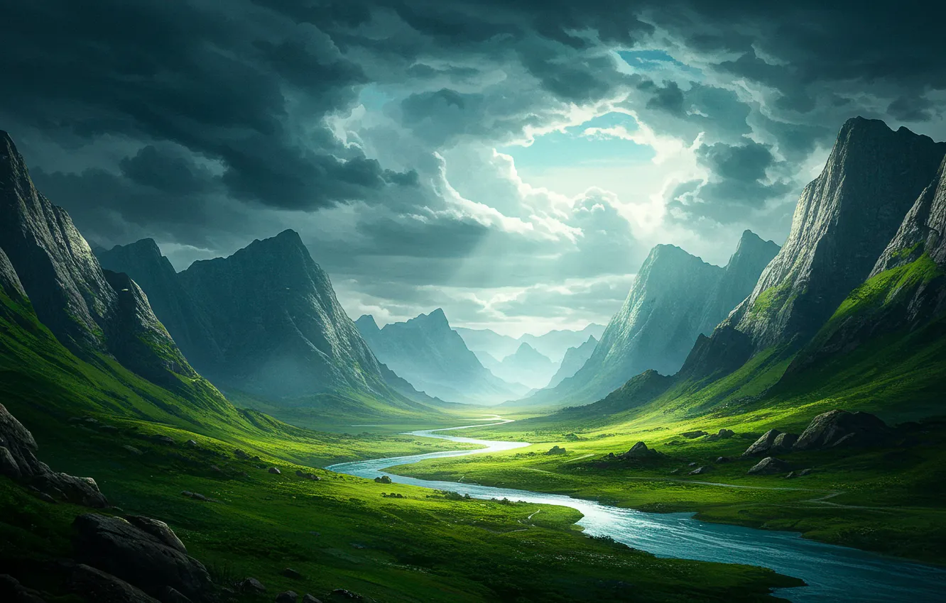 Фото обои облака, горы, река, фентези, долина, арт, fantasy, river