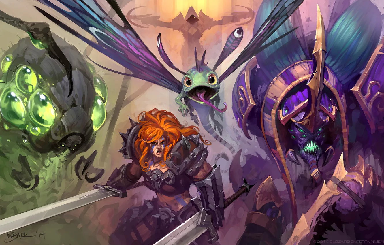 Фото обои арт, Blizzard, Demon Hunter, Barbarian, Heroes of the Storm, Варвар, Abathur, Anubarak