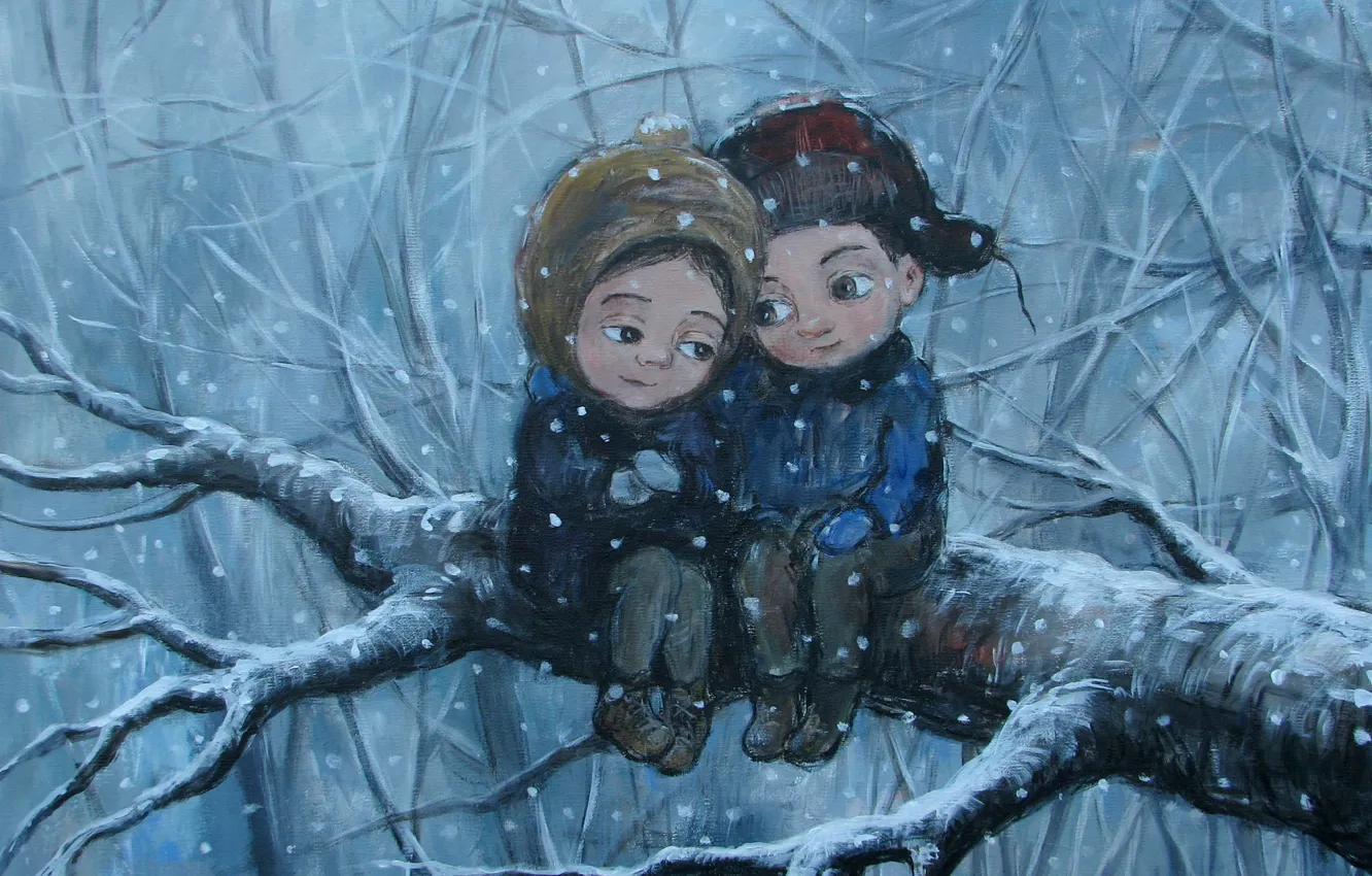 Фото обои зима, дерево, чувства, ветка, мальчик, девочка, друзья, забота