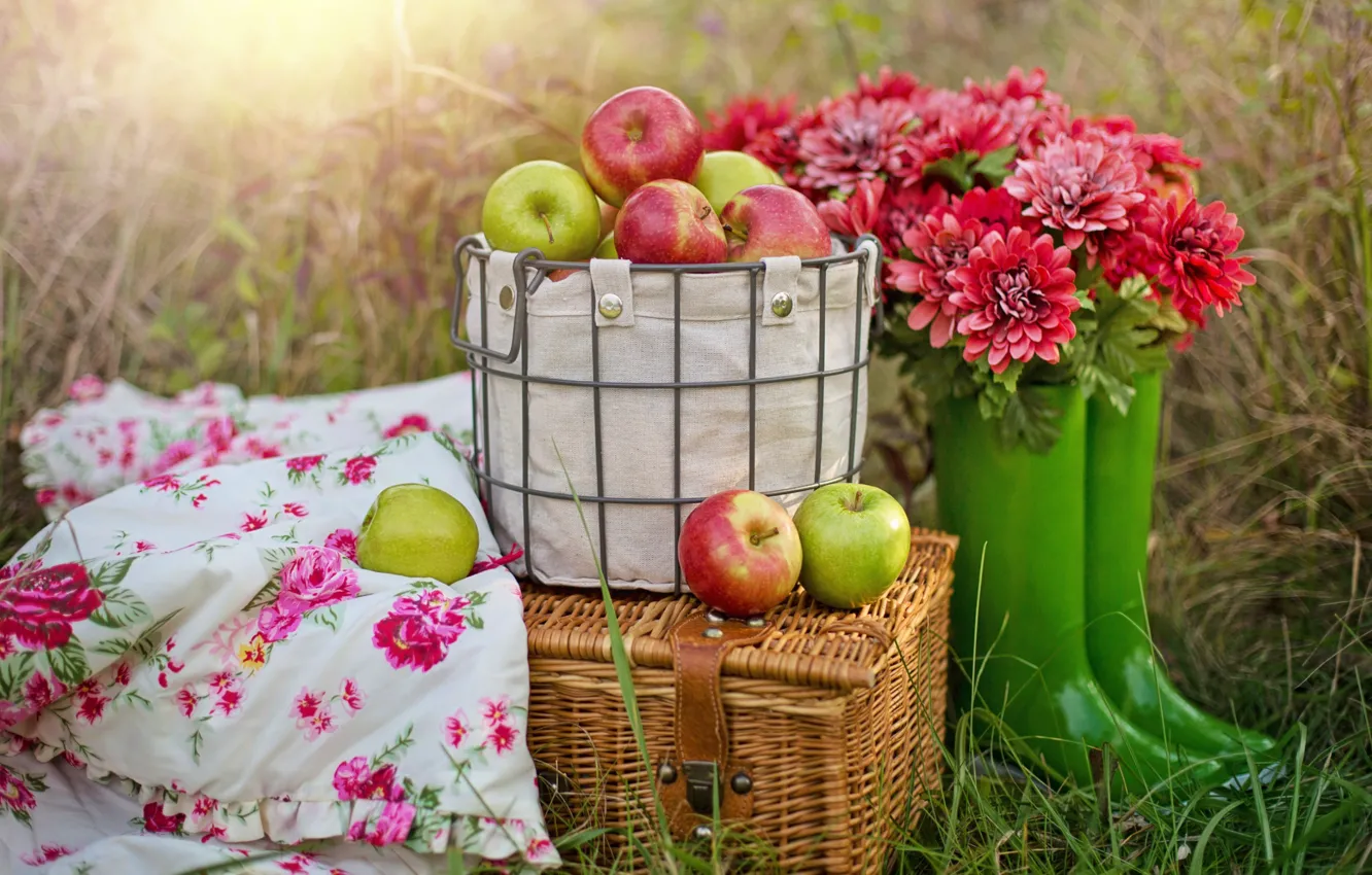Фото обои осень, трава, цветы, корзина, яблоки, сапоги, фрукты, пикник