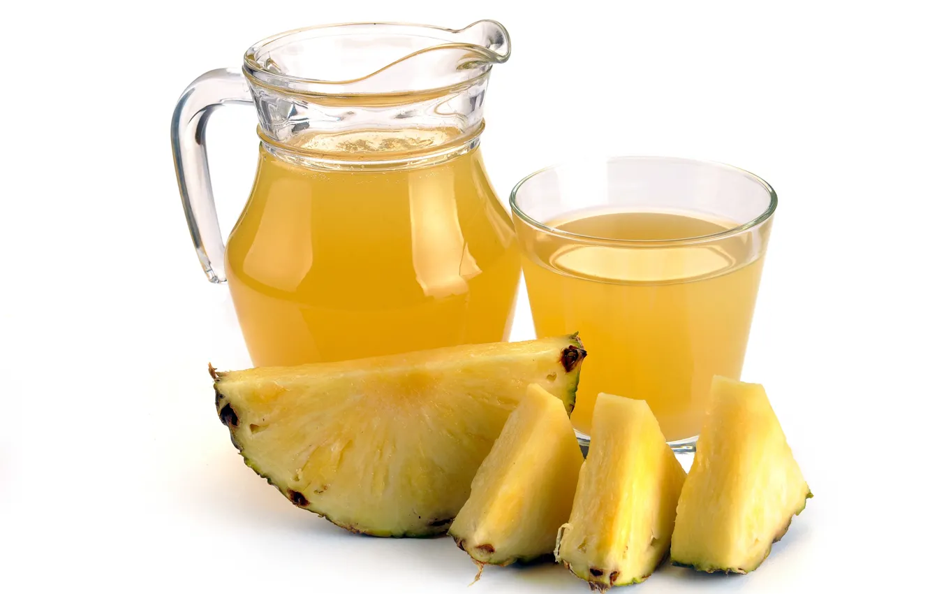 Фото обои стакан, сок, фрукт, кувшин, ананас, дольки, нарезанный