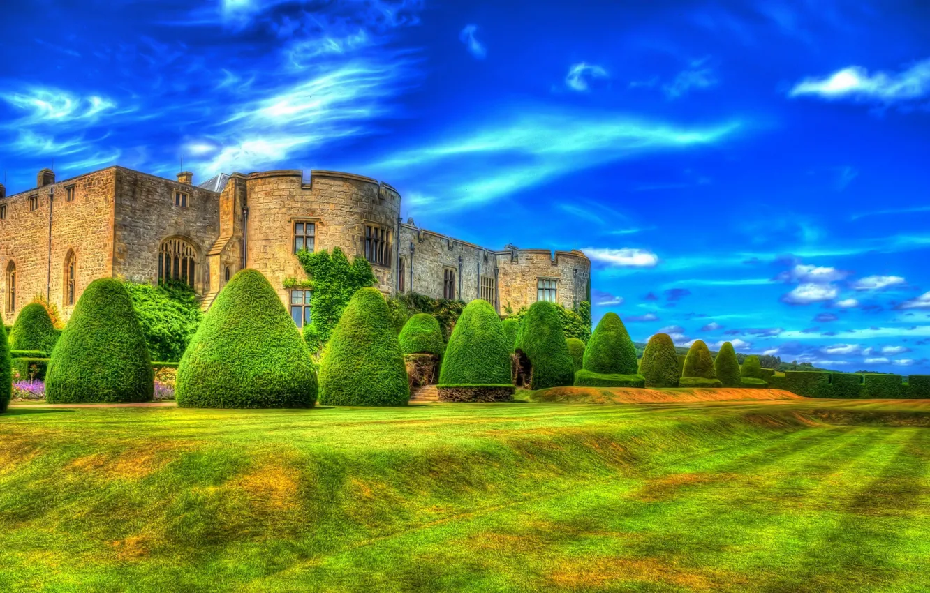 Фото обои зелень, облака, дизайн, замок, газон, HDR, Великобритания, кусты
