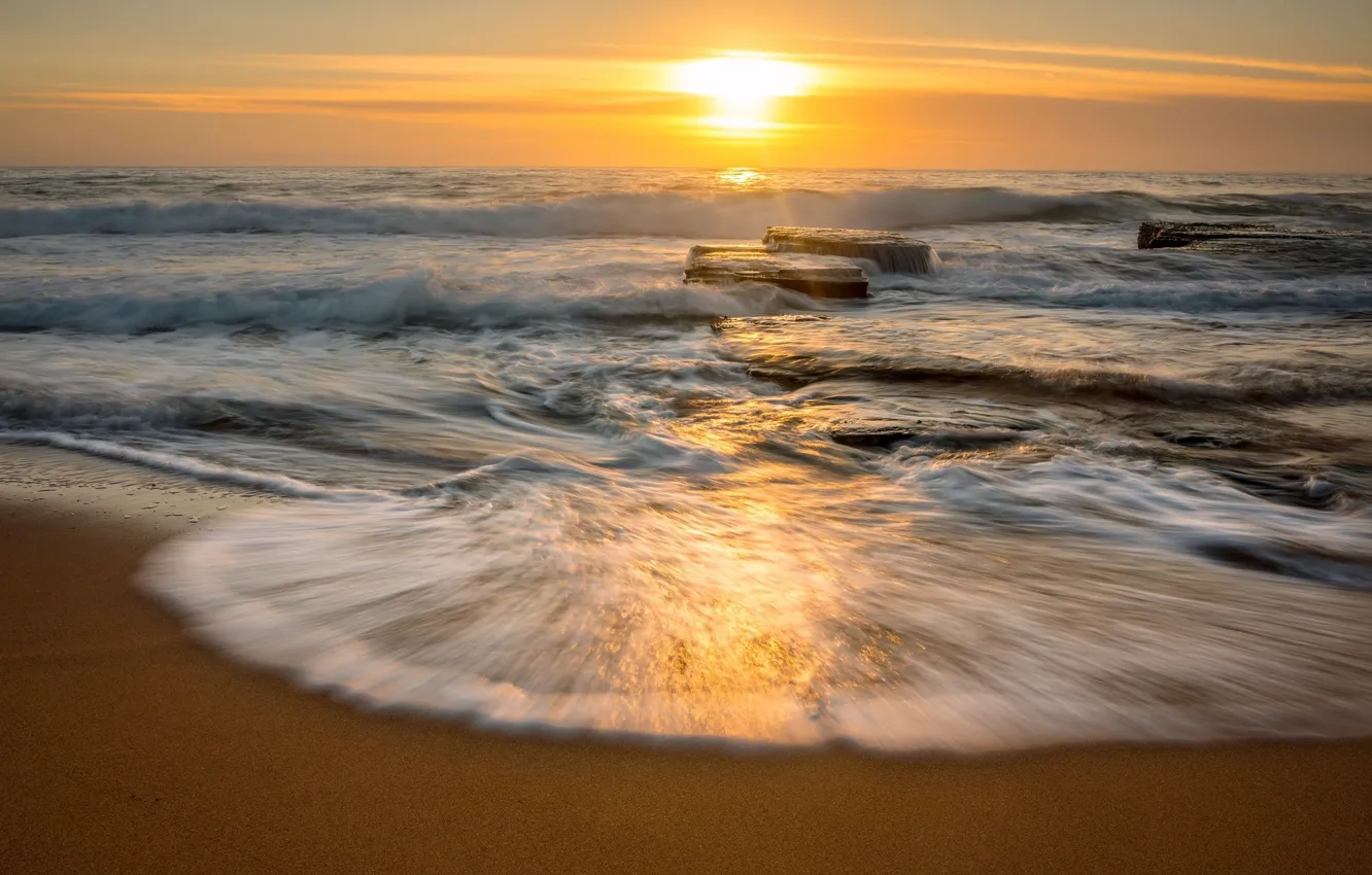 Фото обои море, волны, пляж, пена, закат