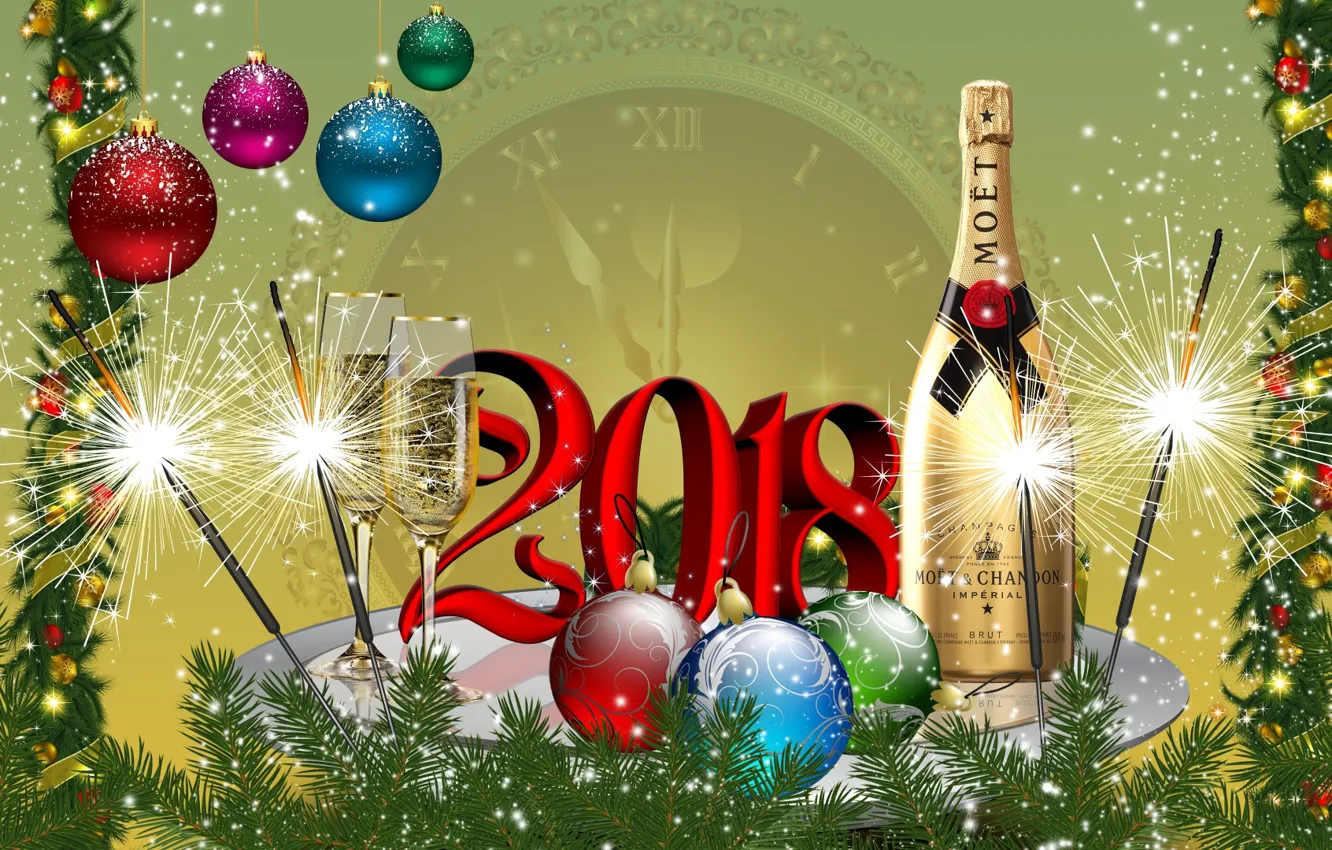 Фото обои шары, графика, елка, Новый год, шампанское, 2018