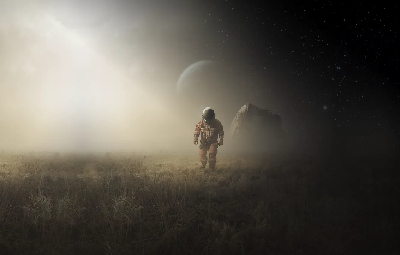 Фото обои moon, field, art, man, astronaut, capsule landing