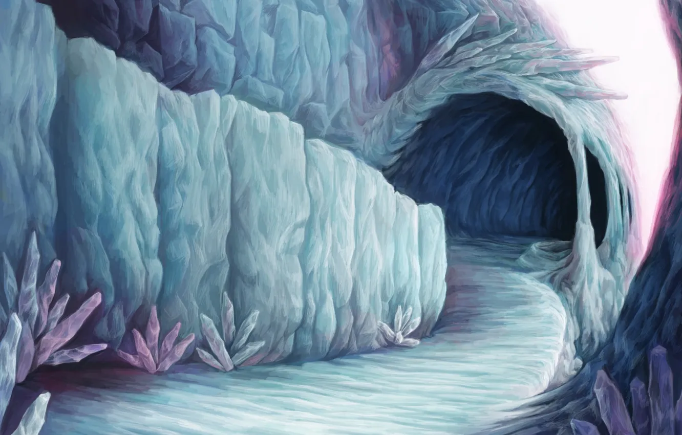 Фото обои холод, горы, лёд, арт, дорожка, льдины, кристаллы, пещера