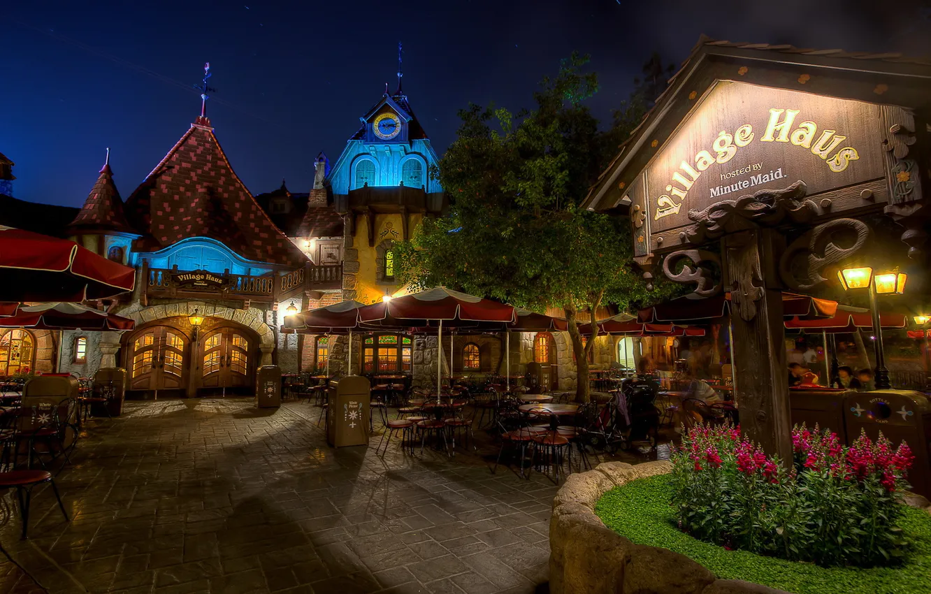 Фото обои Ночь, Кафе, Время, Улица, Тишина, США, Disneyland California