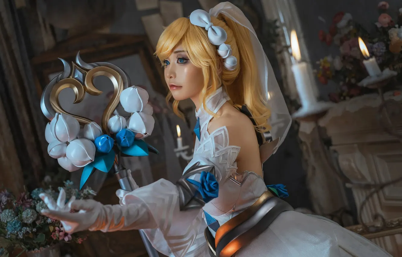 Фото обои цветы, посох, азиатка, милашка, косплей, cosplay, asian, лига легенд