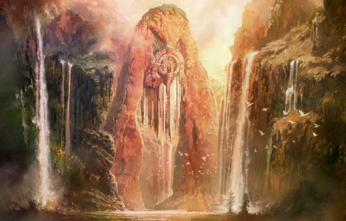 Фото обои вода, горы, птица, водопад