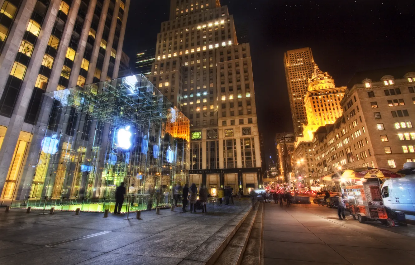Фото обои ночь, нью-йорк, Manhattan, new york, usa, nyc, Apple Store, Fifth Avenue