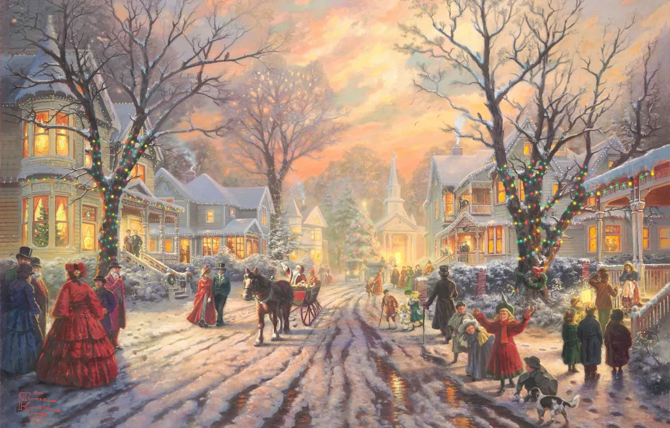 Фото обои праздник, картина, огоньки, Рождество, Санта, ёлка, живопись, 2011