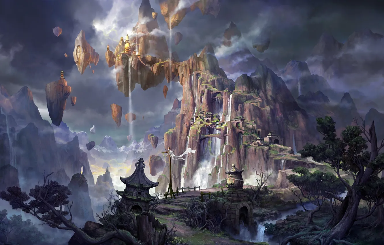 Фото обои горы, скалы, азия, здания, высота, водопад, фэнтези, арт