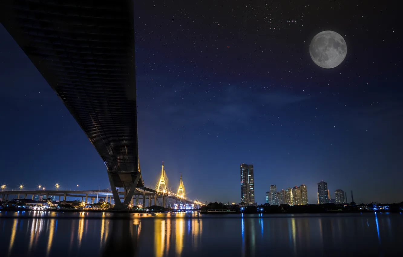 Фото обои ночь, мост, город, огни, река, луна, Thailand, Bangkok