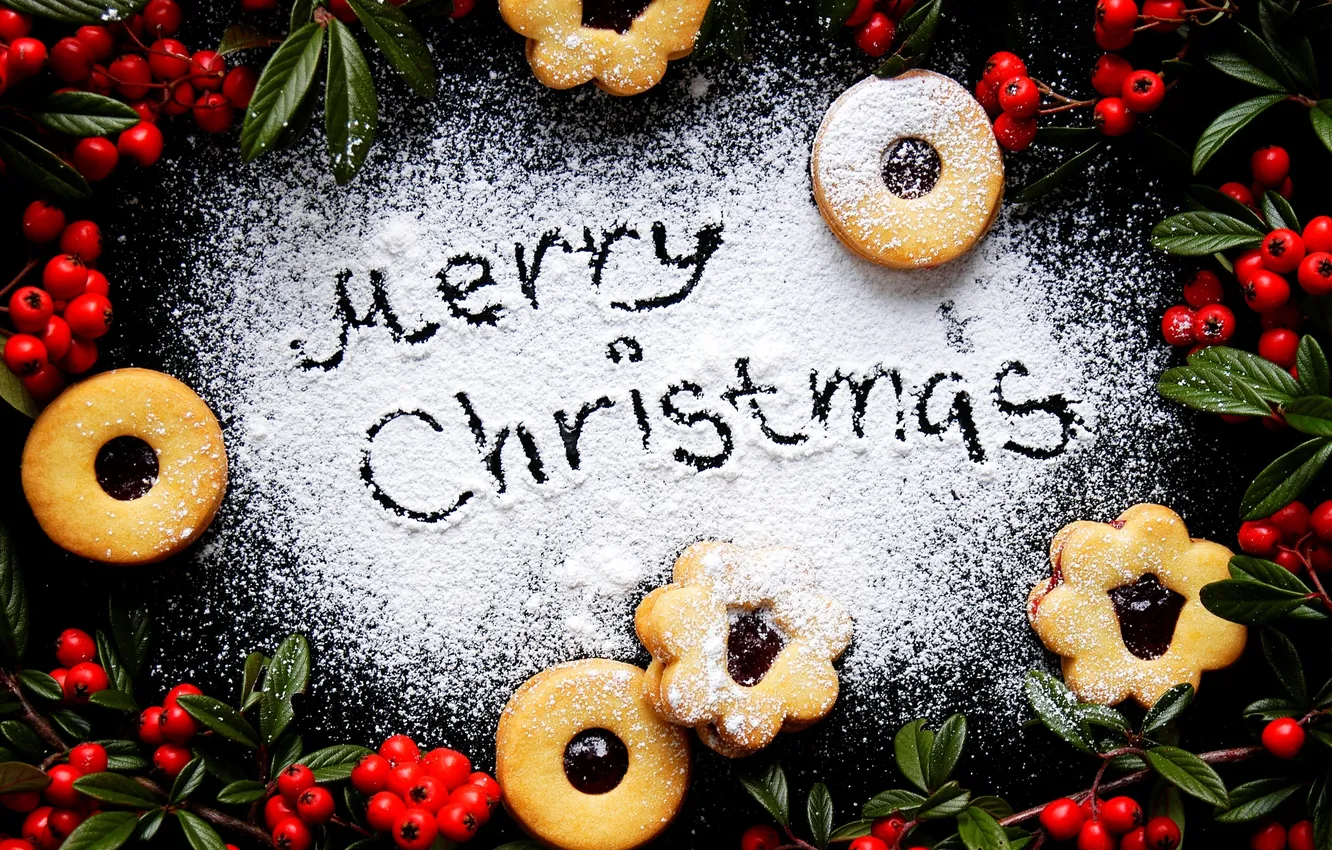 Фото обои зима, ягоды, еда, Новый Год, печенье, Рождество, красные, Christmas