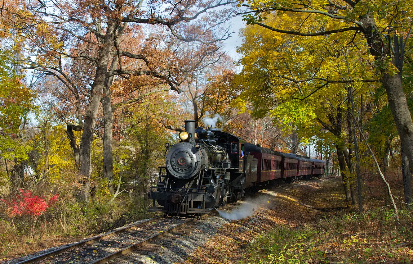 Фото обои осень, пейзаж, ретро, рельсы, паровоз, железная дорога, steam