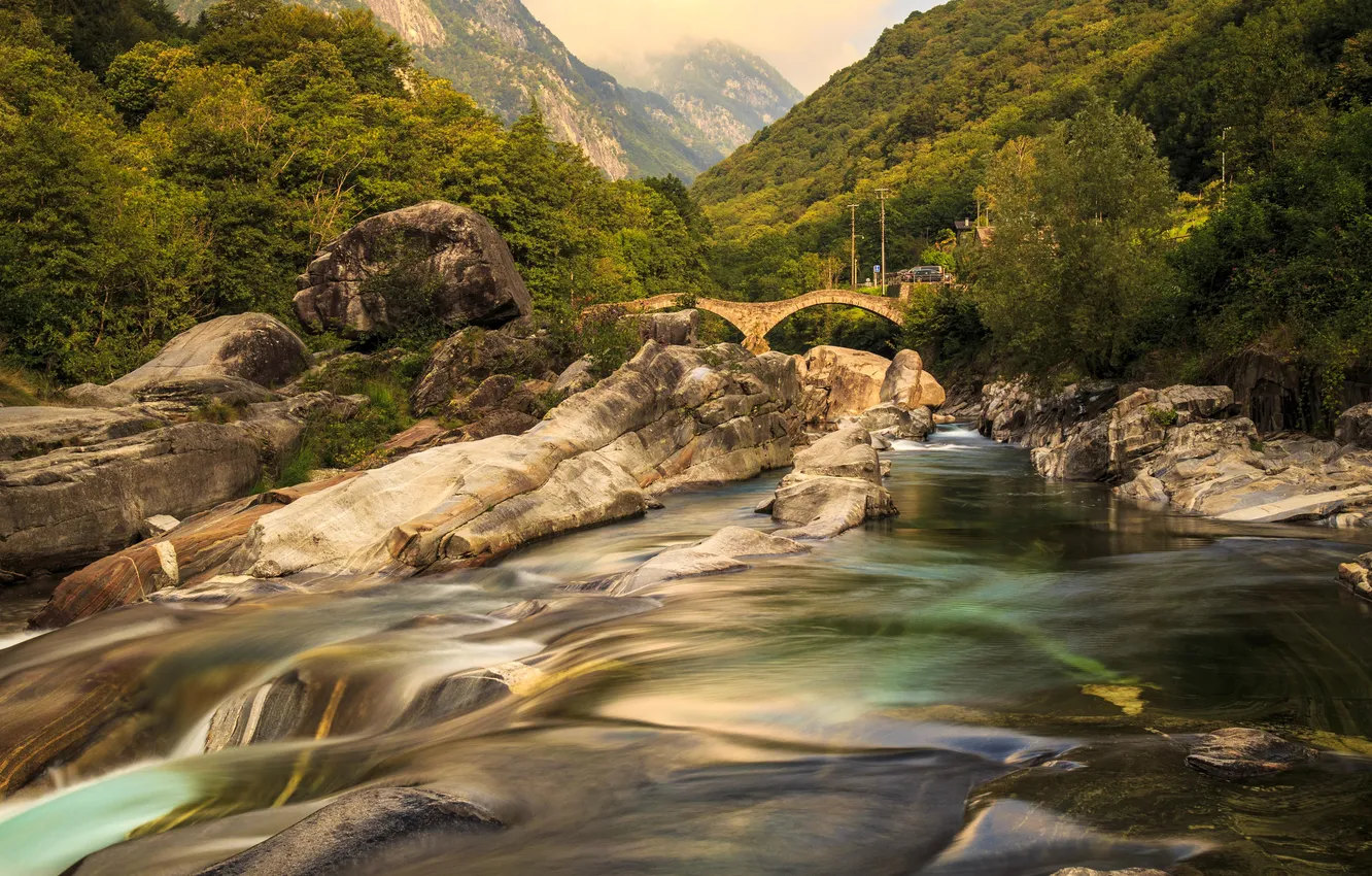 Фото обои лес, деревья, горы, мост, камни, Швейцария, речка, Ticino