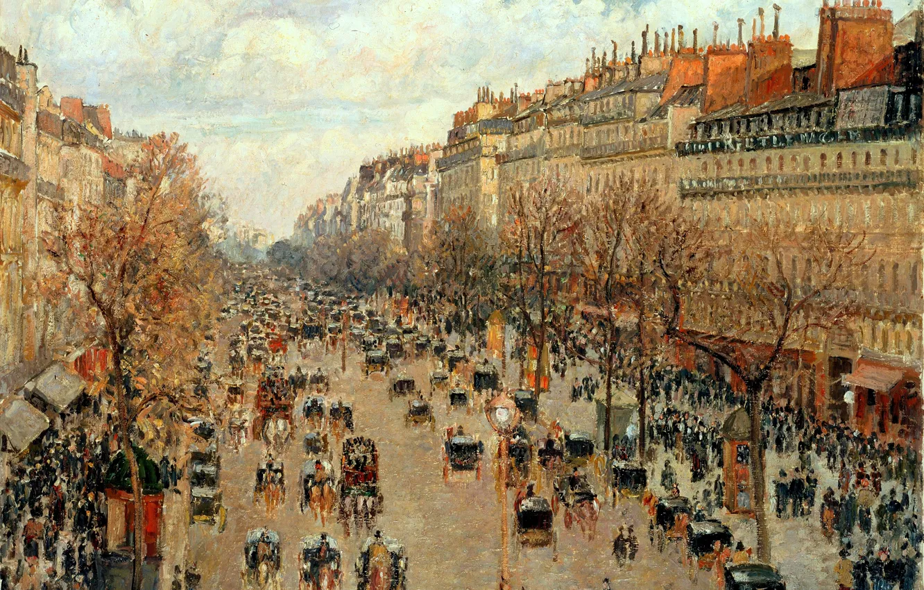 Фото обои город, улица, Франция, картина, Camille Pissarro, Бульвар Монмартр в Париже