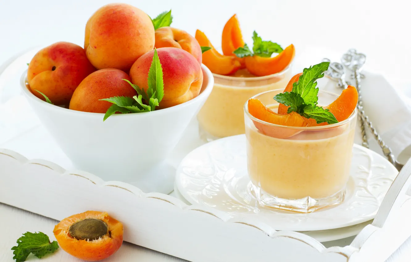 Фото обои десерт, листики, leaves, абрикосы, dessert, apricots