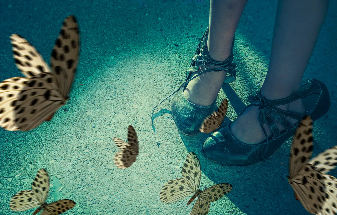 Фото обои бабочки, туфли, девочка