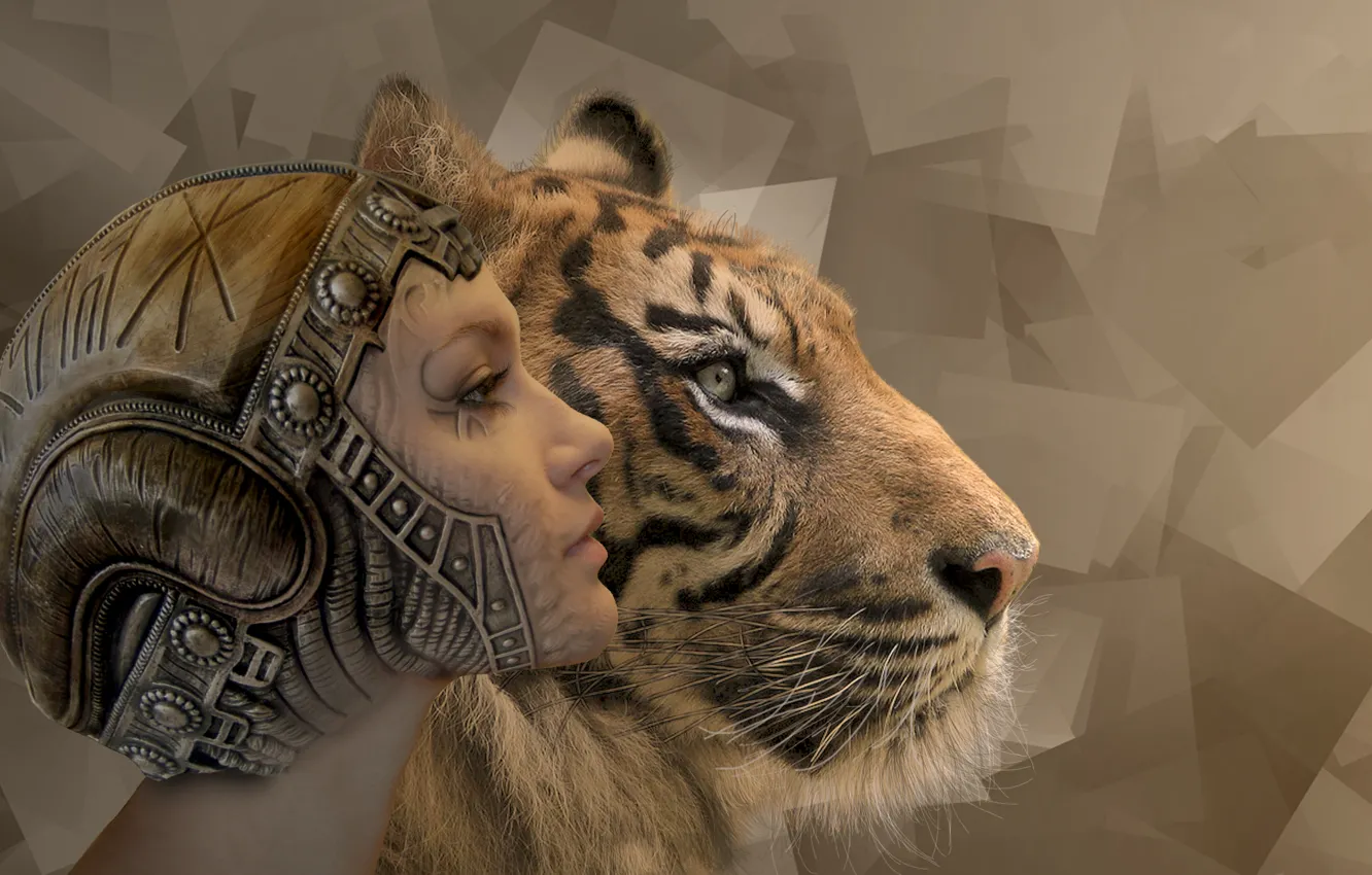 Фото обои девушка, абстракция, лицо, тигр, фон, хищник, квадраты, профиль