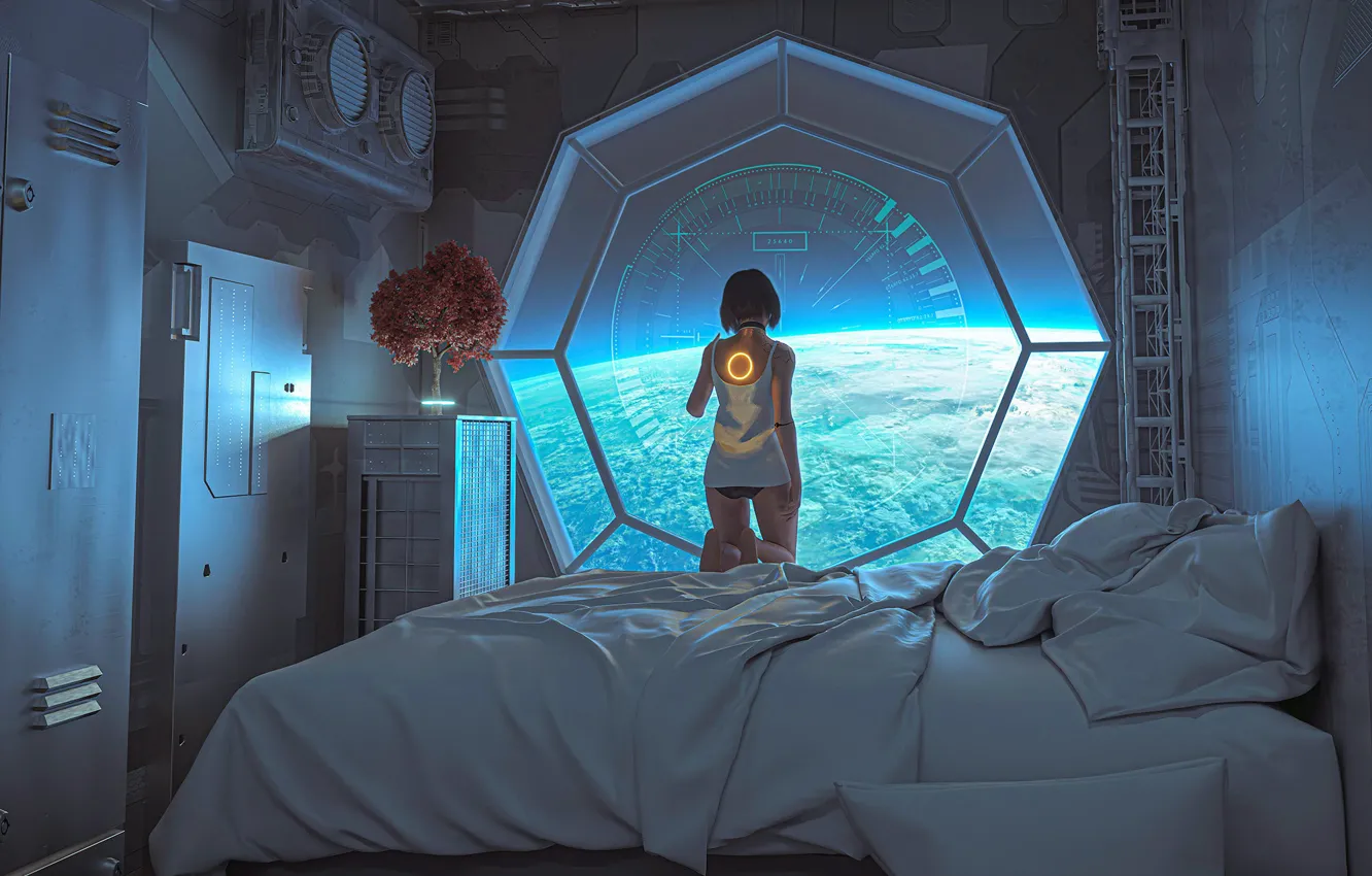 Фото обои взгляд, девушка, космос, фантастика, спина, планета, кровать, арт