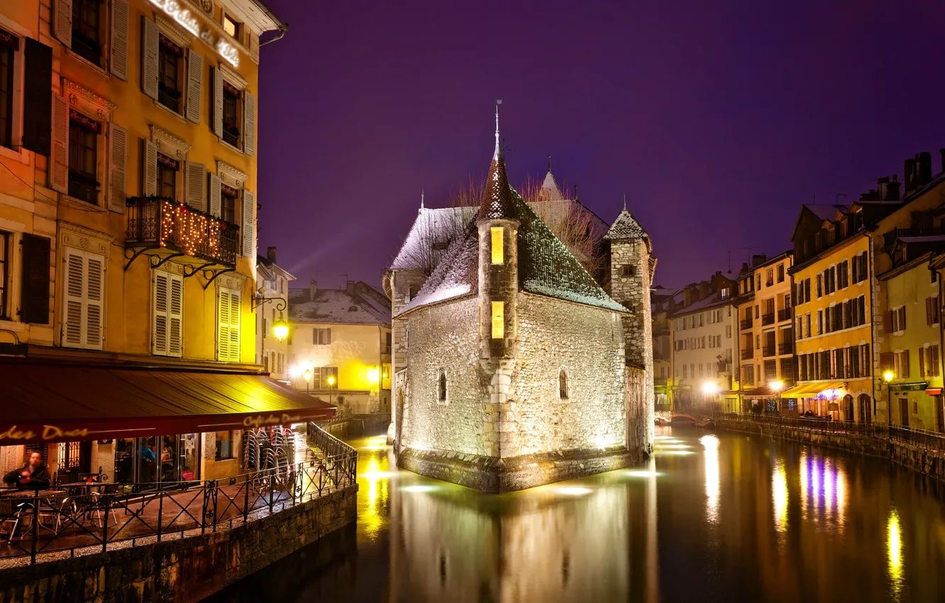Фото обои город, Франция, здания, дома, вечер, освещение, подсветка, канал