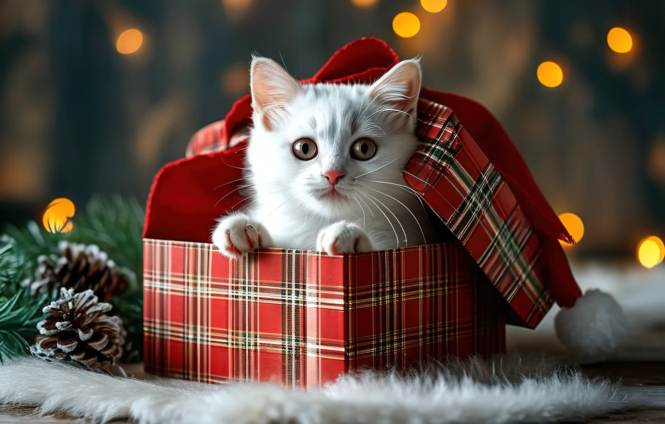 Фото обои кошка, белый, взгляд, поза, котенок, коробка, подарок, Рождество