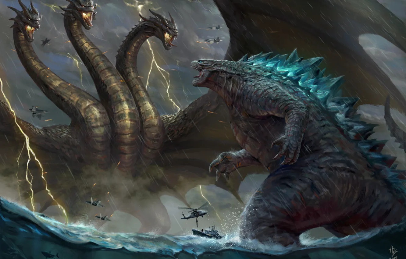 Фото обои Океан, Море, Дракон, Fantasy, Dragon, Годзилла, Арт, Art