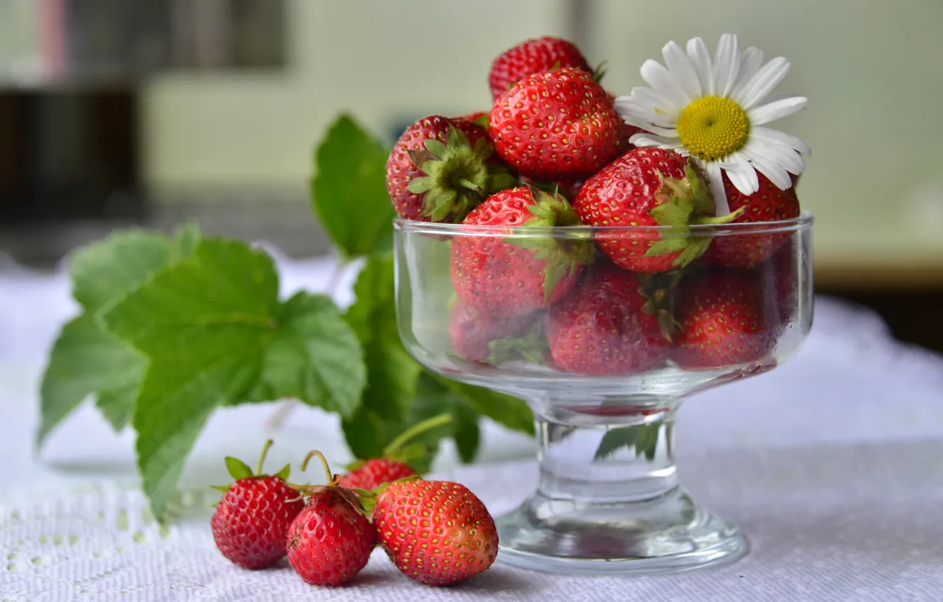 Фото обои красный, ягоды, ромашка, клубника, вазочка