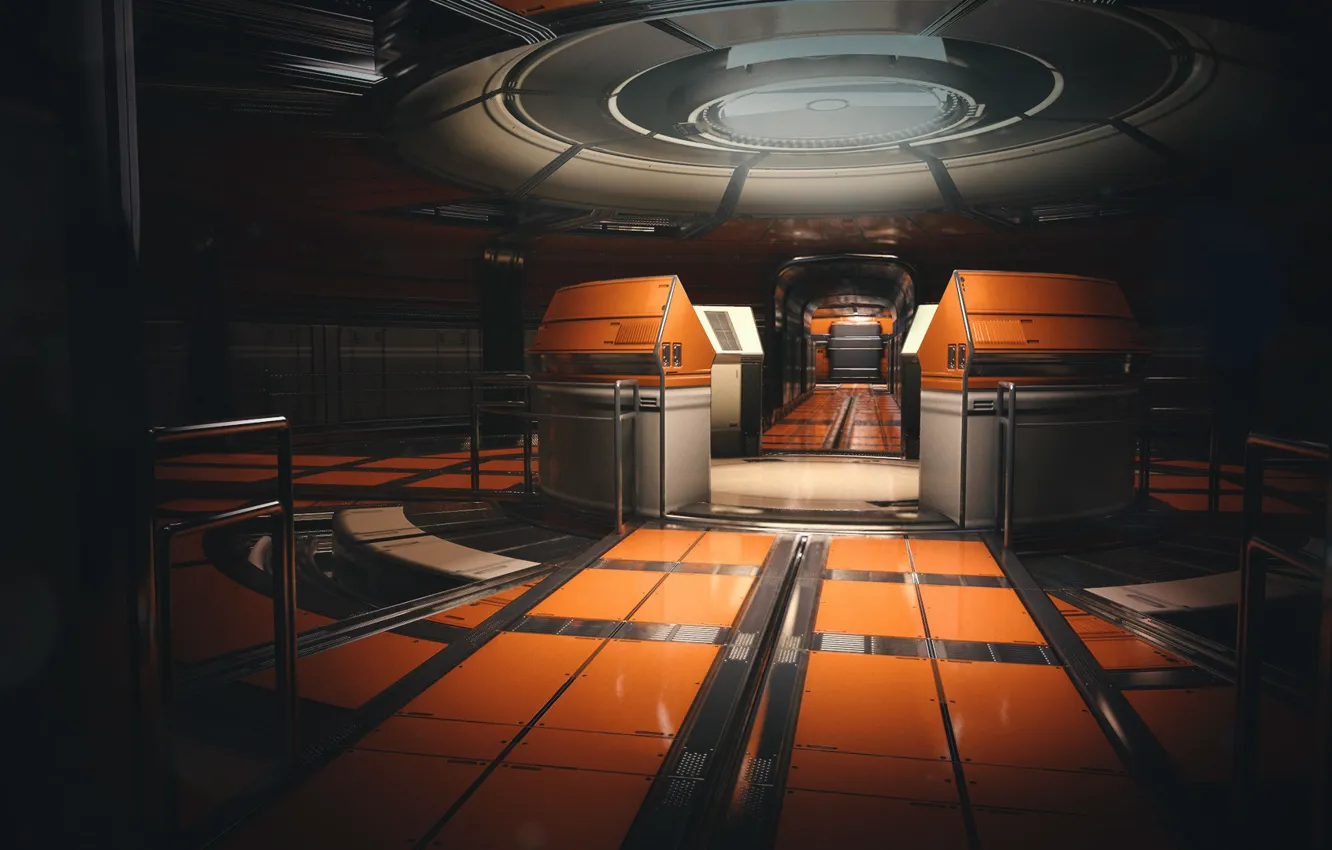 Фото обои помещение, свод, оборудование, Sci Fi Orange Tunnel