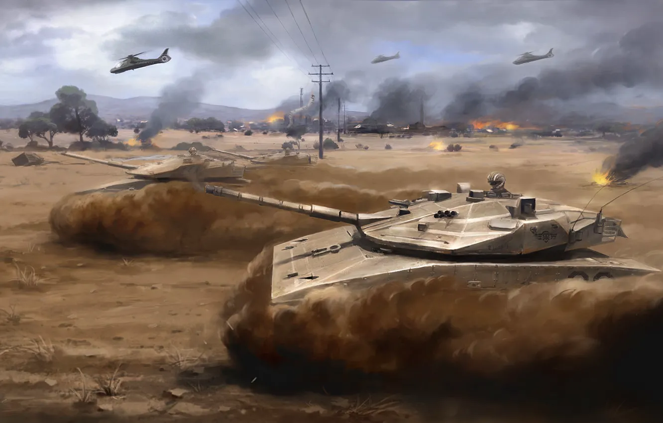 Фото обои война, пустыня, вертолет, штурм, танки, Arma 3, пыль. арт