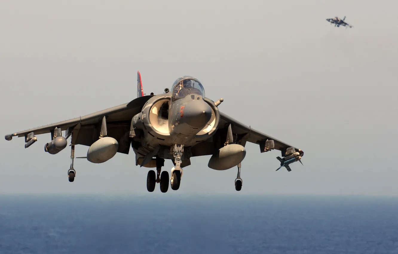 Фото обои Море, Самолет, Истребитель, День, Великобритания, США, Авиация, Harrier