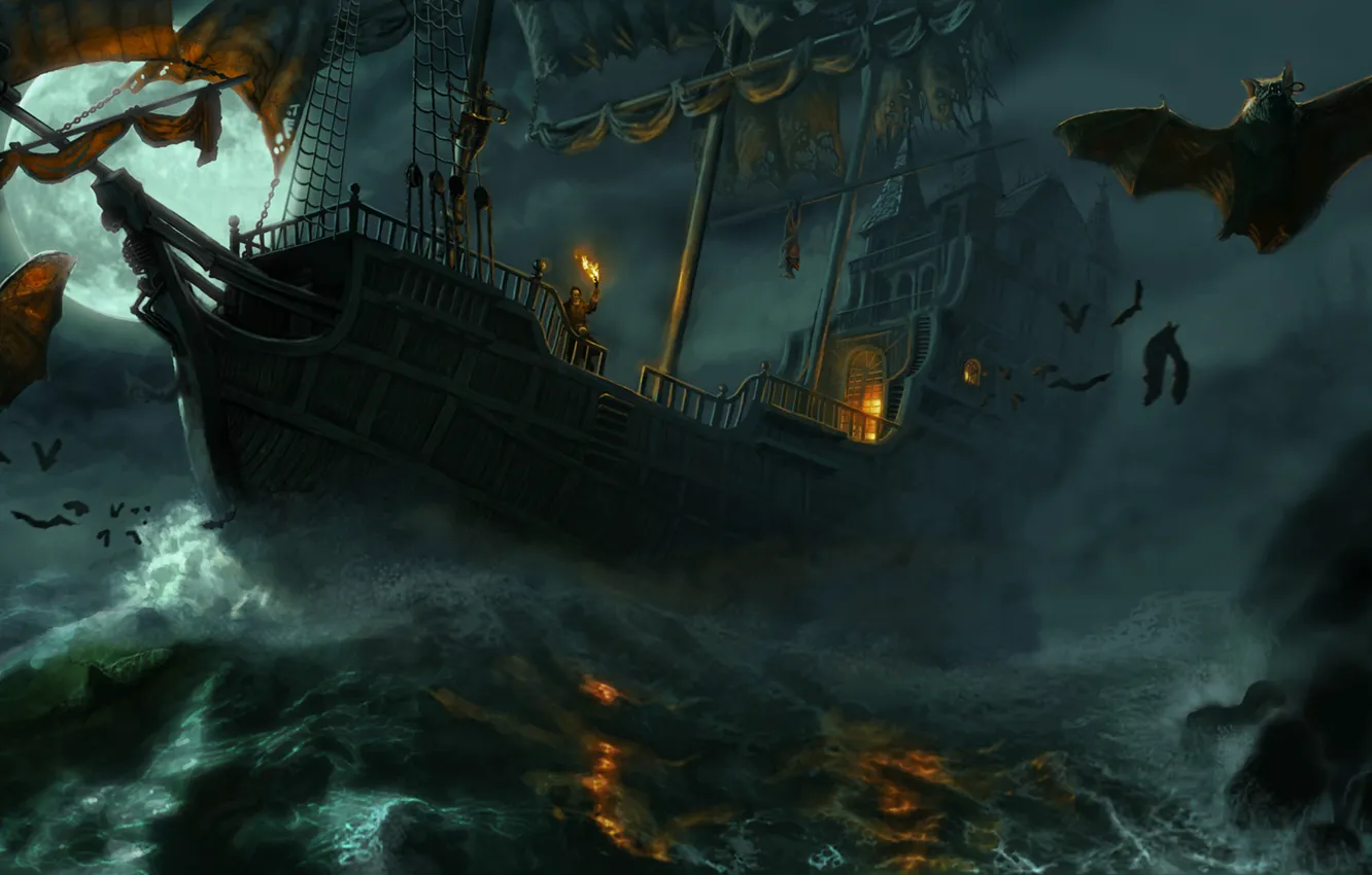 Фото обои море, ночь, шторм, человек, корабль, вампиры, мыши, летучие