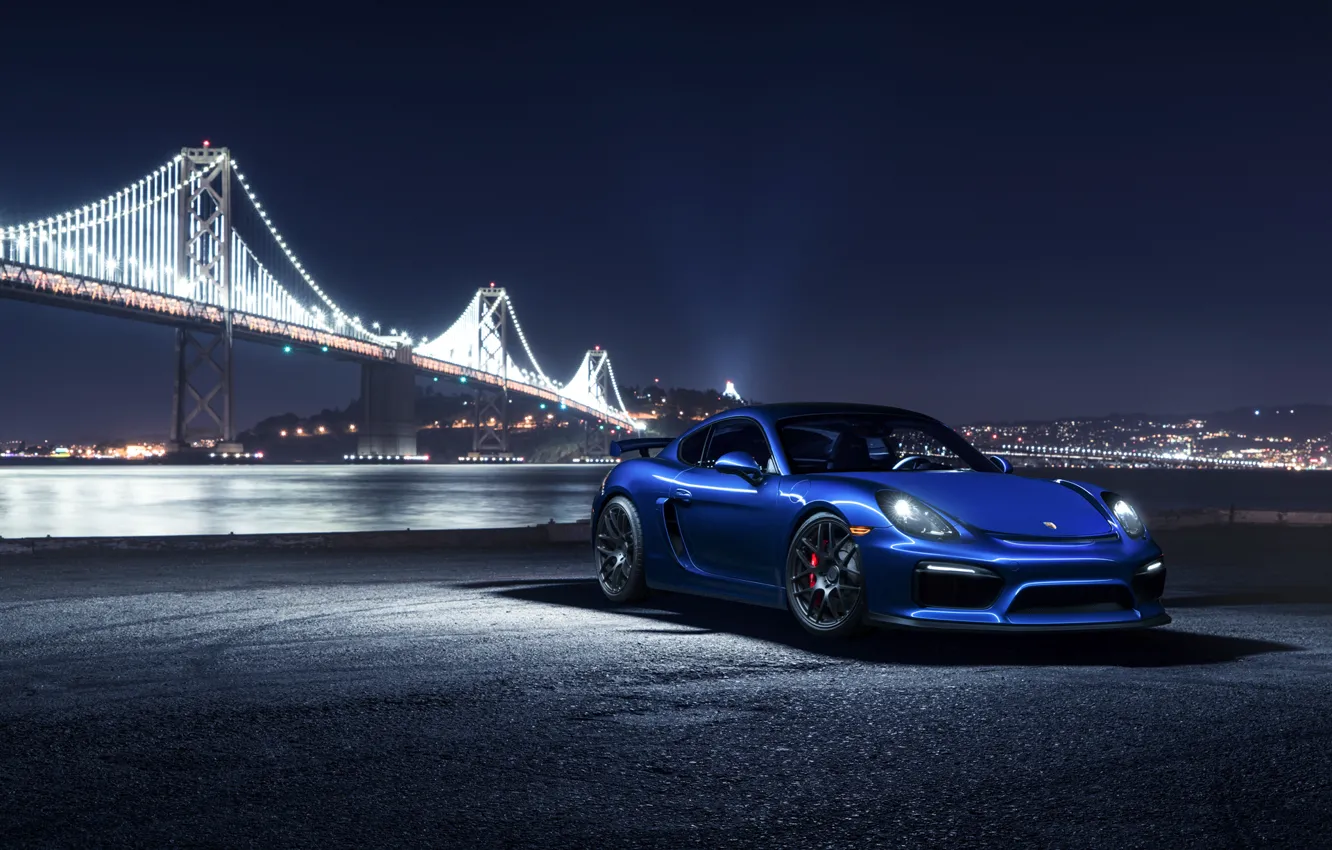 Фото обои Porsche, Cayman, Car, Blue, Front, Bridge, Night, Sport