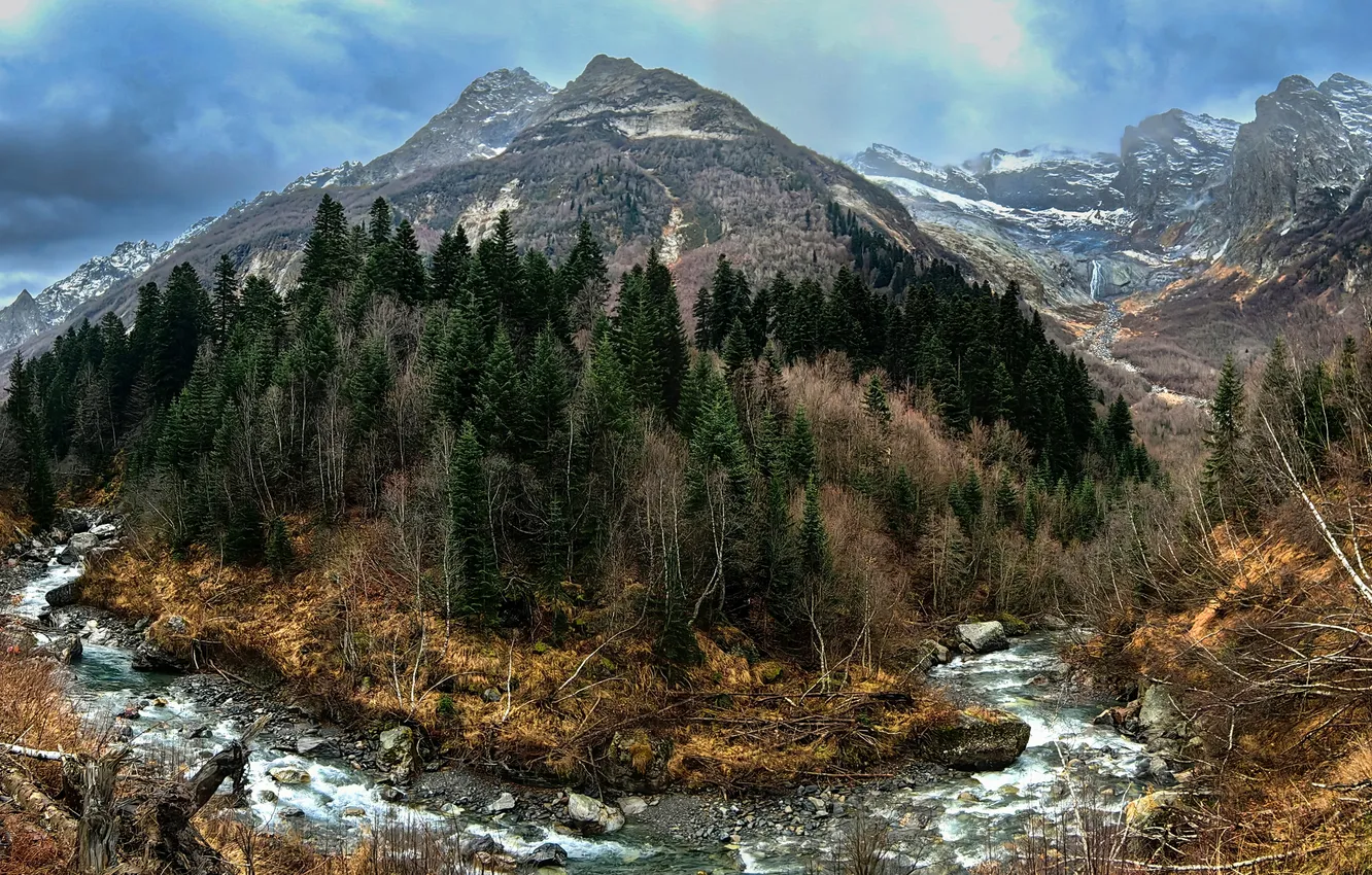 Фото обои river, water, mountain, forrest