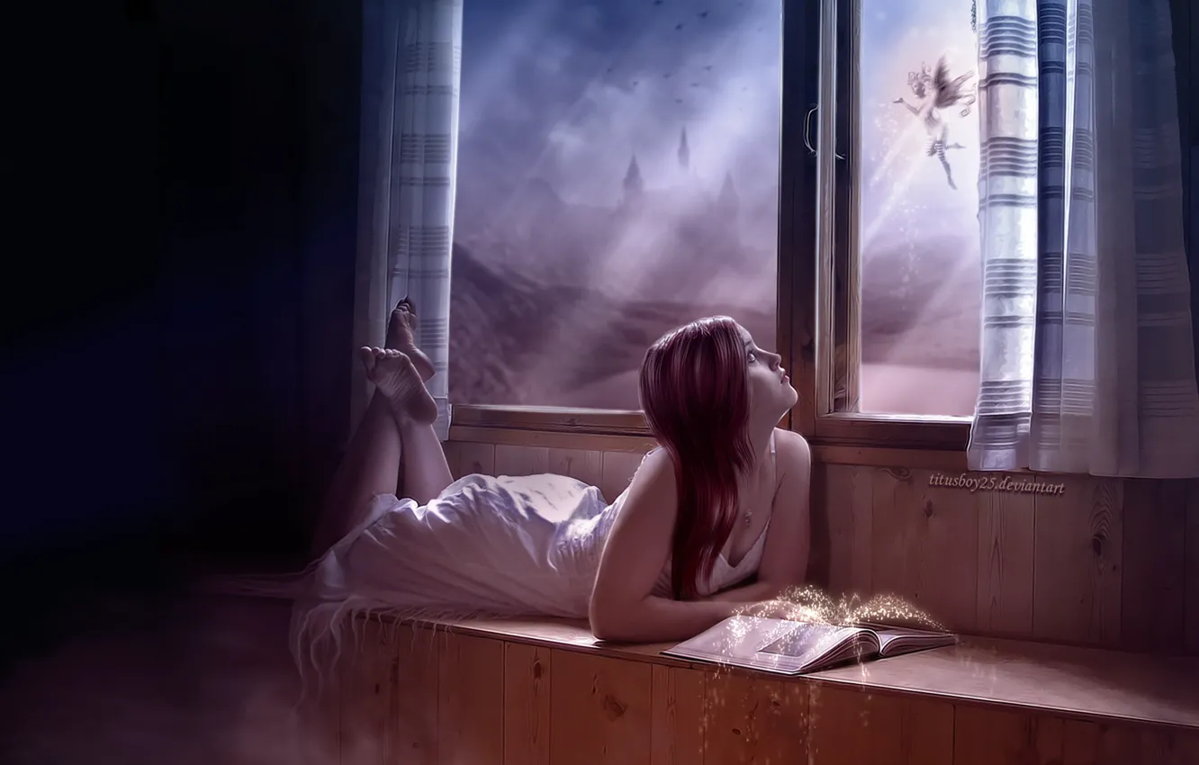 Фото обои девушка, волшебство, фея, окно, книга, star dust