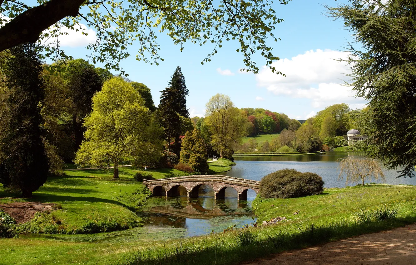Фото обои трава, деревья, мост, озеро, пруд, люди, Англия, дорожка