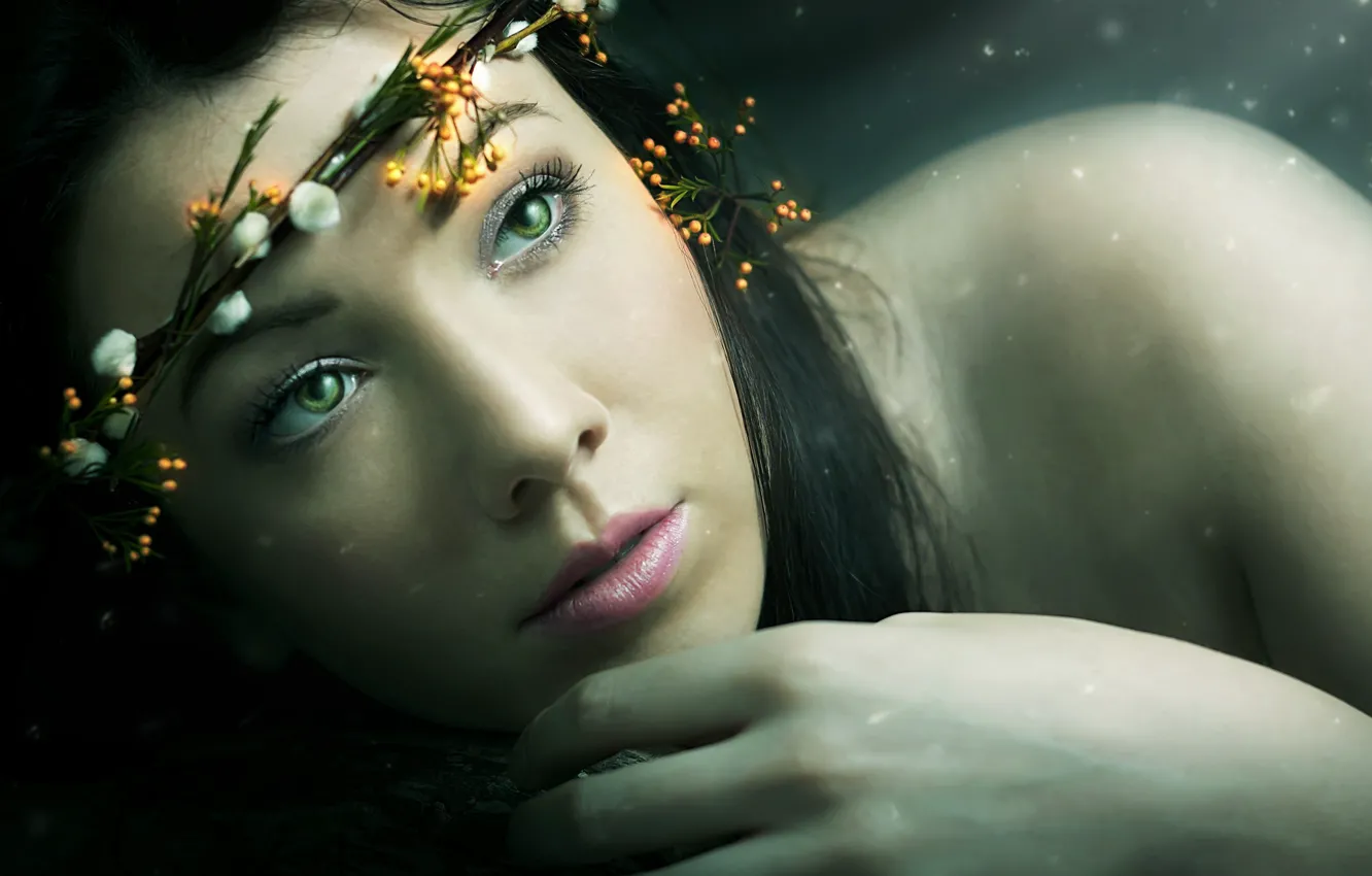Фото обои green eyes, women, rendering, faces, rose lips, tiaras